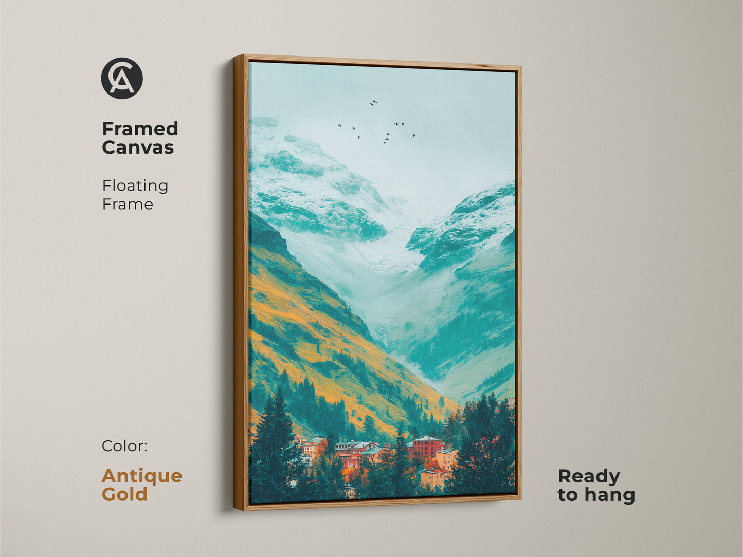 Framed canvas art of a teal mountain valley. Orange and white mountains tower above a village nestled in evergreens. Birds fly overhead in the artwork. The frame is an antique gold color. Ready to hang.