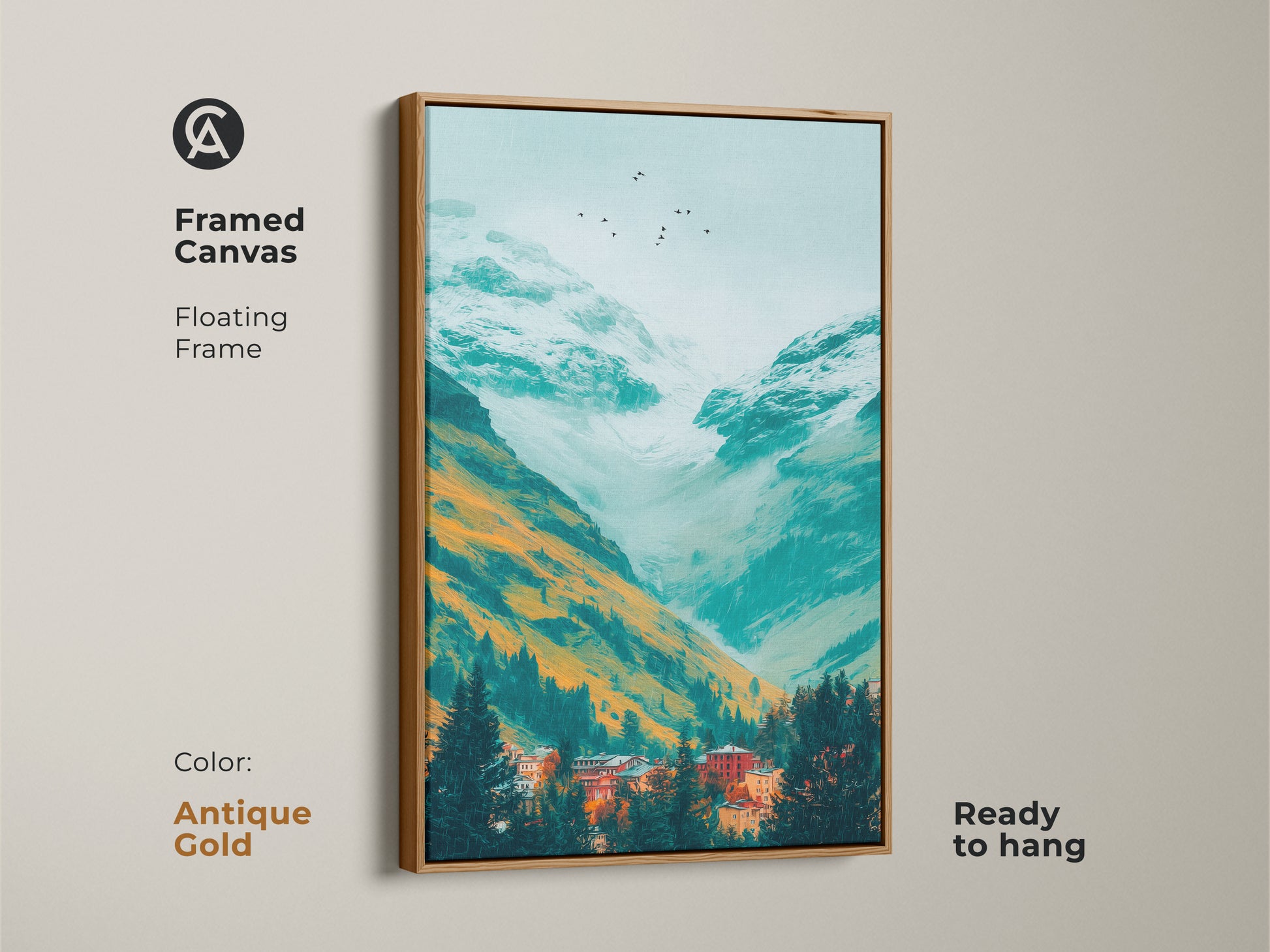 Framed canvas art of a teal mountain valley. Orange and white mountains tower above a village nestled in evergreens. Birds fly overhead in the artwork. The frame is an antique gold color. Ready to hang.