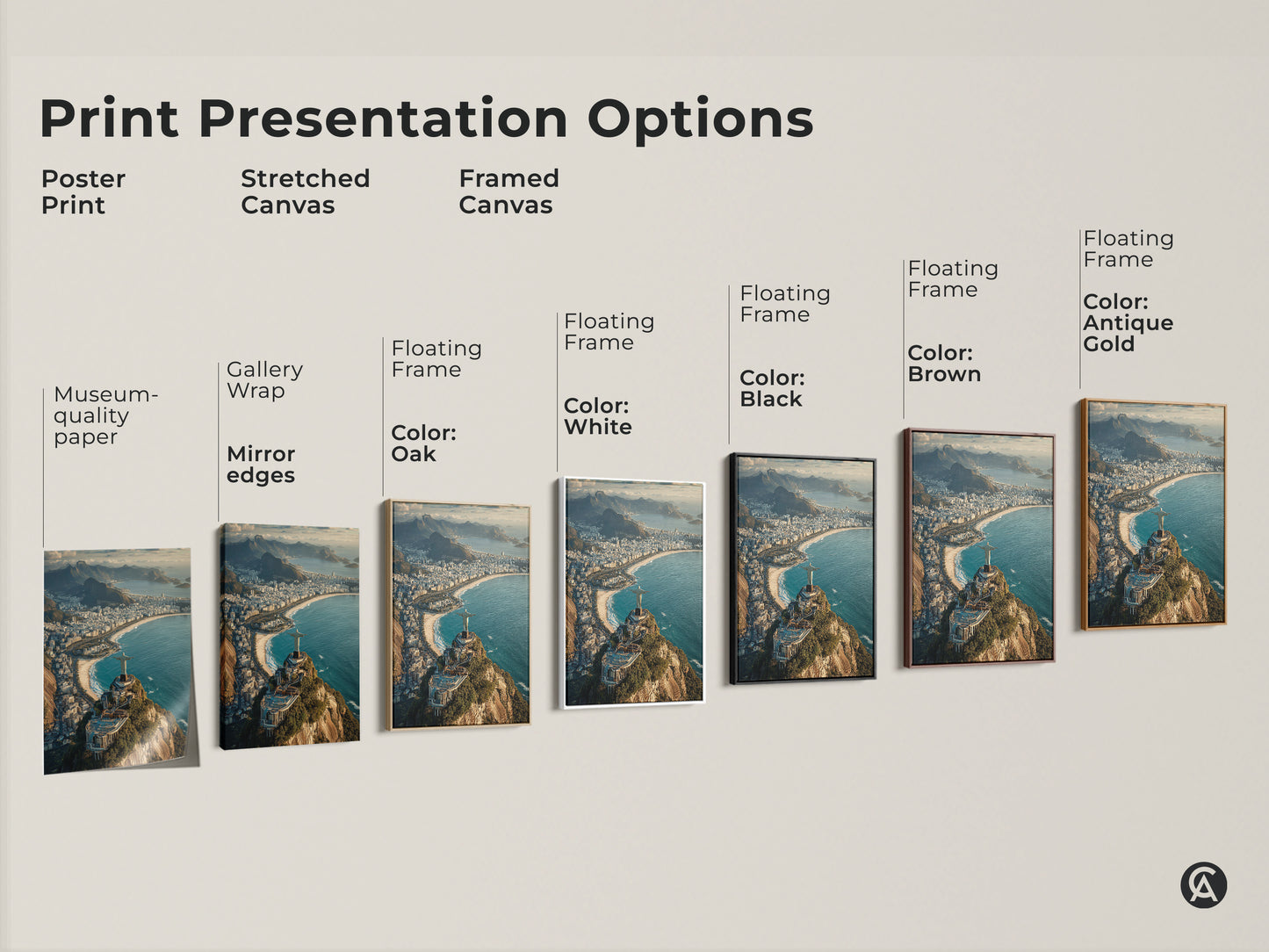 Explore print presentation options with this art piece. Choose from poster prints stretched canvases and framed canvases. Each showcases Rio de Janeiro's Christ the Redeemer. Options include gallery wrap mirror edges and floating frames in various colors. Find the perfect style to complement your home decor.