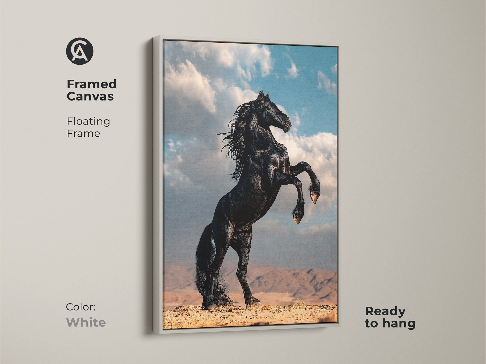 Black horse artwork in a white floating frame. This framed canvas is ready to hang. This rustic equestrian wall decor complements any space. Consider it for a unique gift.