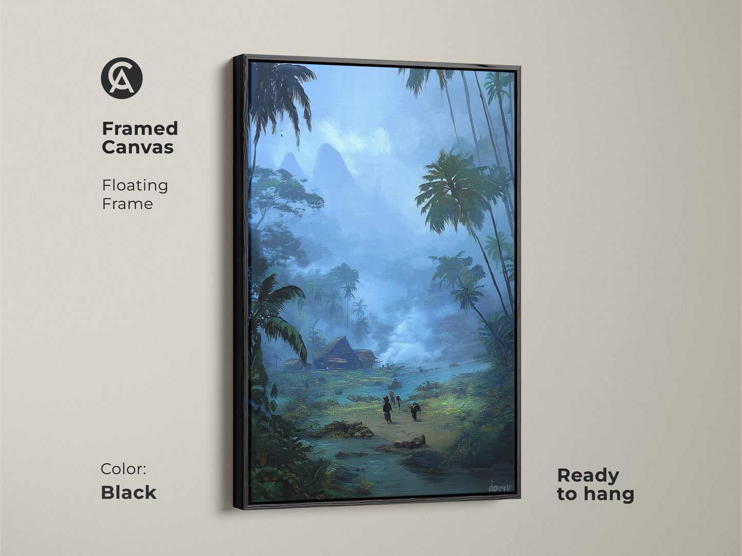 Framed canvas in black displays tropical village artwork. A misty mountain landscape adds serenity to any room. The floating frame enhances the boho palm tree art. This teal blue nature artwork is ready to hang. It's a perfect housewarming gift canvas for art lovers.