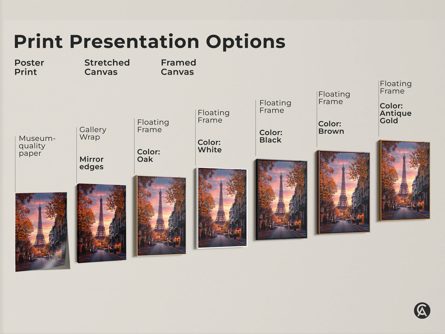 Explore print presentation options for Eiffel Tower art. Choose from poster prints stretched canvas and framed canvas. Options include gallery wrap mirror edges and floating frames in various colors. Find your perfect Parisian view canvas.