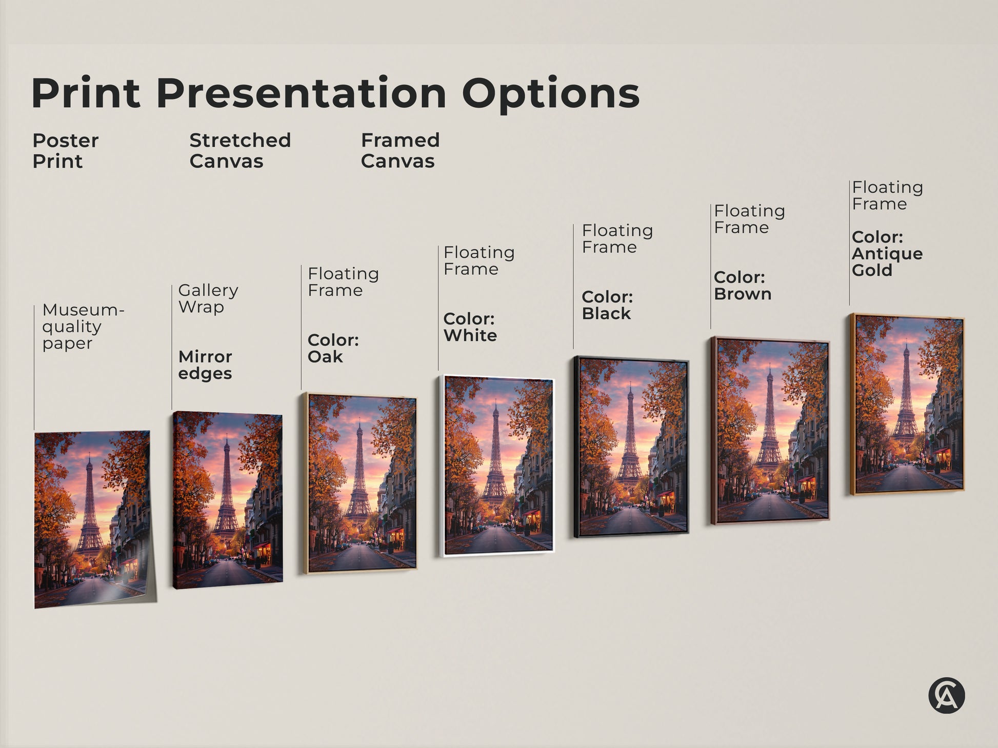 Explore print presentation options for Eiffel Tower art. Choose from poster prints stretched canvas and framed canvas. Options include gallery wrap mirror edges and floating frames in various colors. Find your perfect Parisian view canvas.