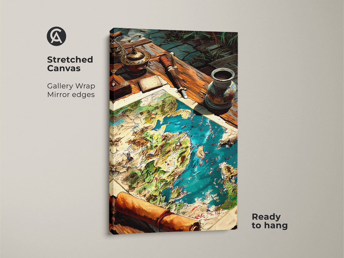 Stretched canvas print of a fantasy world map. The artwork features a gallery wrap with mirror edges. Ready to hang this nautical map adds vintage charm. Discover high-quality canvas art for home decor today.