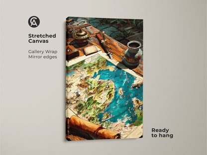 Stretched canvas print of a fantasy world map. The artwork features a gallery wrap with mirror edges. Ready to hang this nautical map adds vintage charm. Discover high-quality canvas art for home decor today.