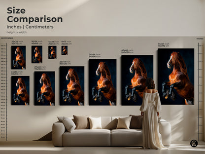 Size comparison of rearing horse artwork. See how canvas art transforms living spaces. Visualize sizes on a wall or above furniture. This dramatic horse art makes a statement. Perfect for horse lovers looking for powerful animal art.