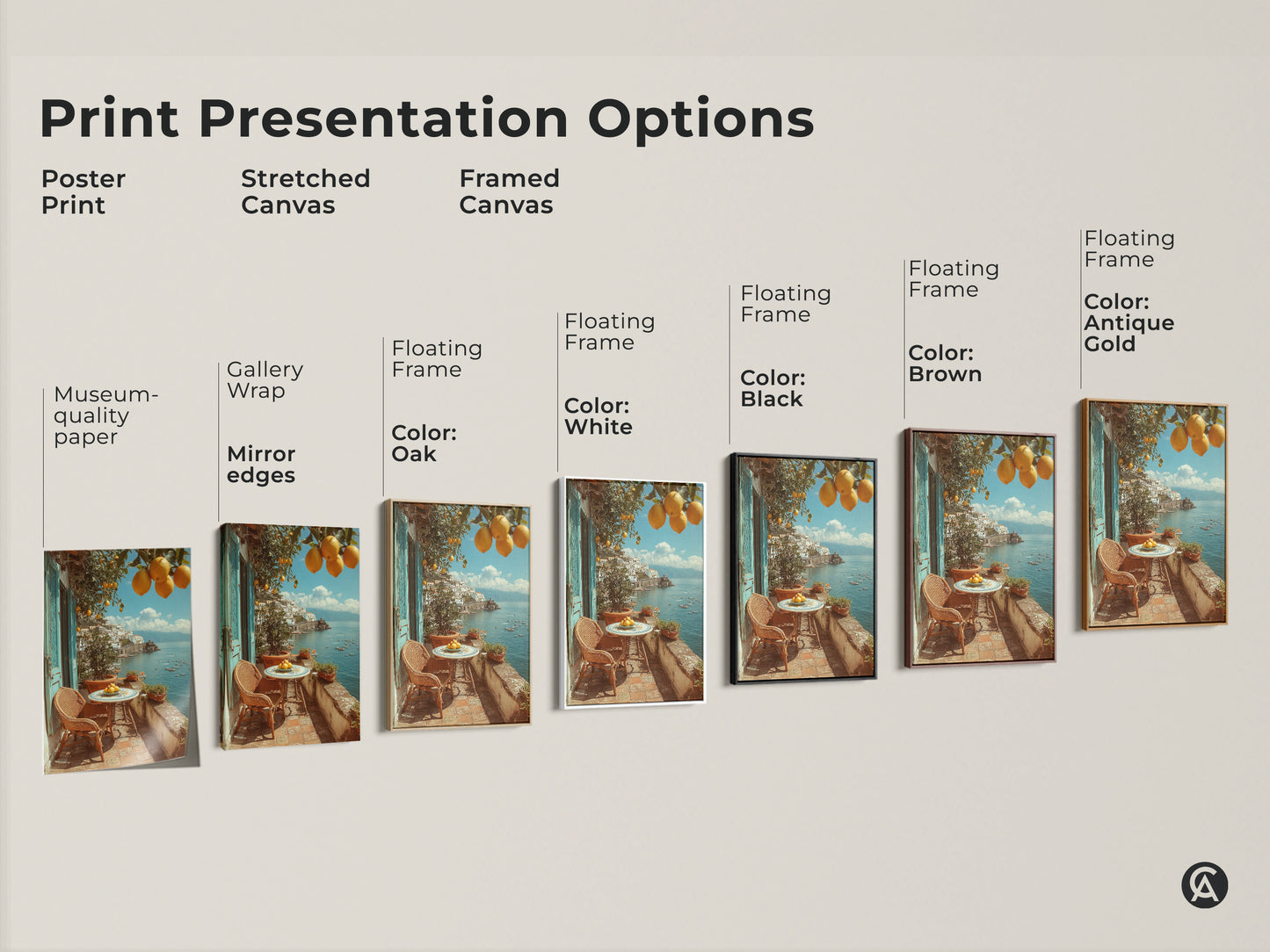 Explore print presentation options for Mediterranean lemon artwork. Choose from poster prints stretched canvas or framed canvas. Options include gallery wrap mirror edges and floating frames in oak white black brown and antique gold. Find the perfect style for your coastal villa artwork and bring summer vacation vibes to your home.