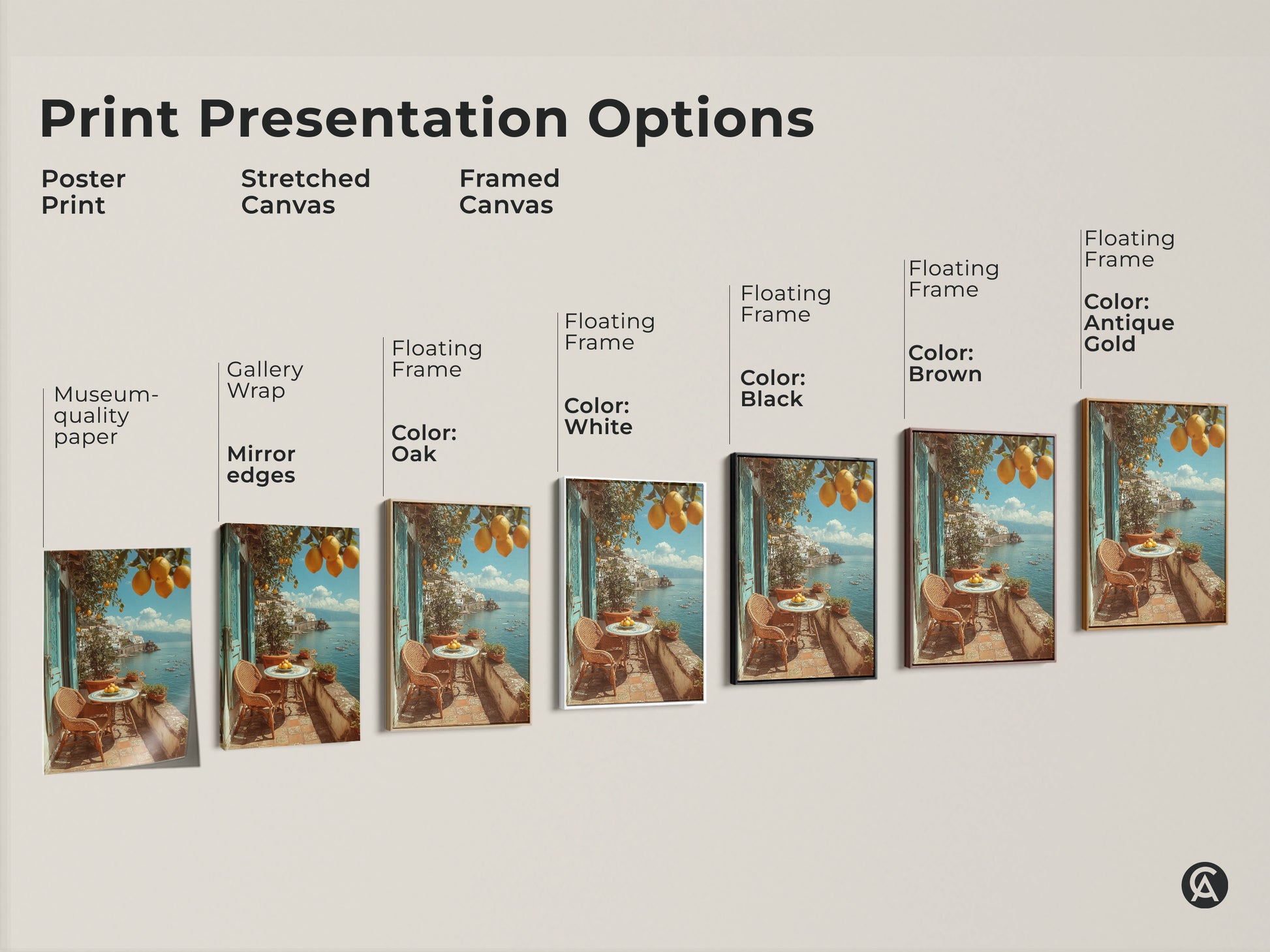 Explore print presentation options for Mediterranean lemon artwork. Choose from poster prints stretched canvas or framed canvas. Options include gallery wrap mirror edges and floating frames in oak white black brown and antique gold. Find the perfect style for your coastal villa artwork and bring summer vacation vibes to your home.