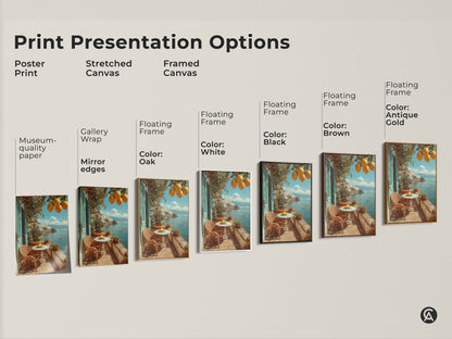 Explore print presentation options for Mediterranean lemon artwork. Choose from poster prints stretched canvas or framed canvas. Options include gallery wrap mirror edges and floating frames in oak white black brown and antique gold. Find the perfect style for your coastal villa artwork and bring summer vacation vibes to your home.