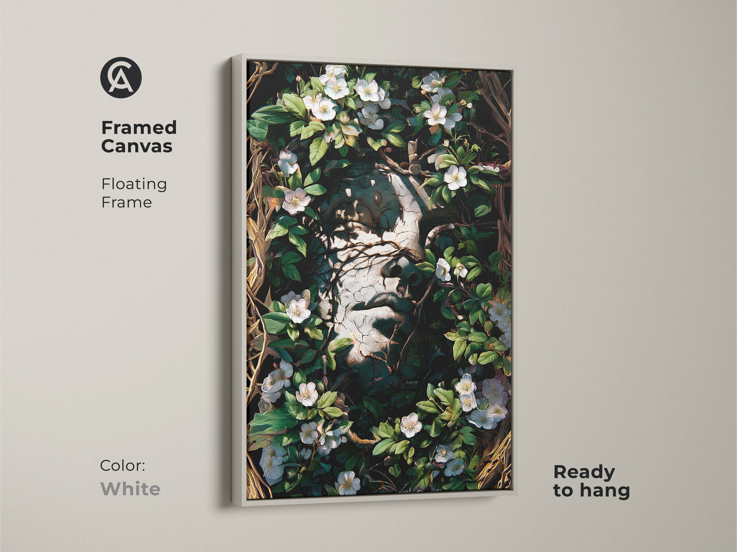White Framed Canvas featuring a Surreal face botanical. A floating frame and ready to hang art that brings Gothic charm. Its dark academia aesthetic with white flowers and greenery makes it a standout eclectic wall hanging.