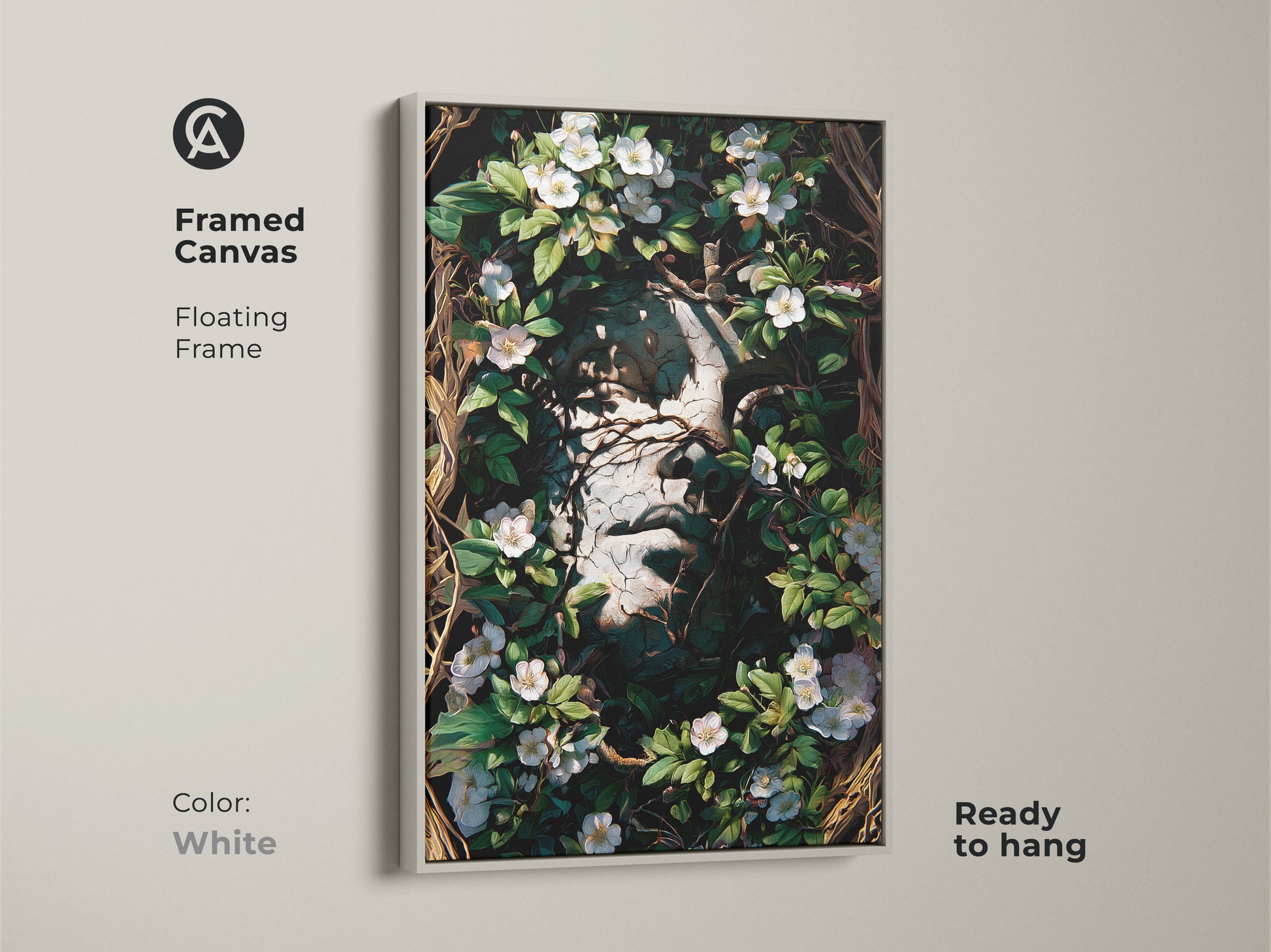 White Framed Canvas featuring a Surreal face botanical. A floating frame and ready to hang art that brings Gothic charm. Its dark academia aesthetic with white flowers and greenery makes it a standout eclectic wall hanging.