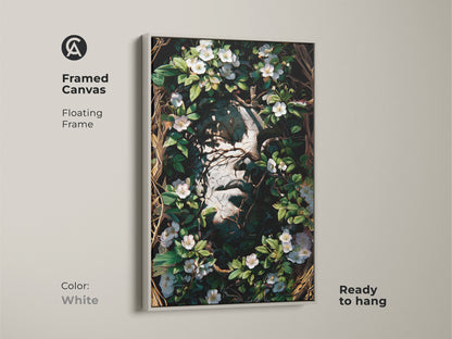 White Framed Canvas featuring a Surreal face botanical. A floating frame and ready to hang art that brings Gothic charm. Its dark academia aesthetic with white flowers and greenery makes it a standout eclectic wall hanging.