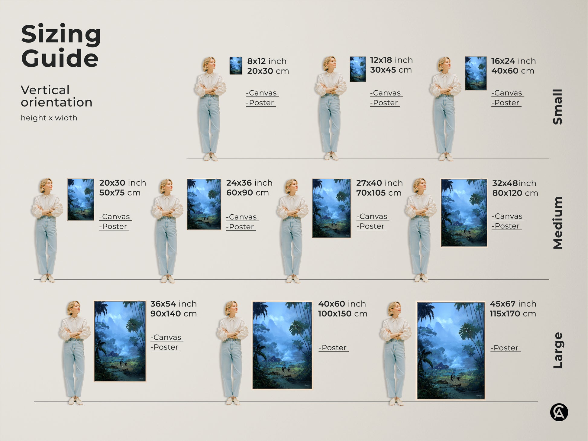 Sizing guide for vertical tropical artwork. Available in small medium and large sizes. Visualize canvas and poster options with model reference. Find the perfect fit for your space. Sizes range from 8x12 to 45x67 inches. Enhance your home with nature-inspired artwork.