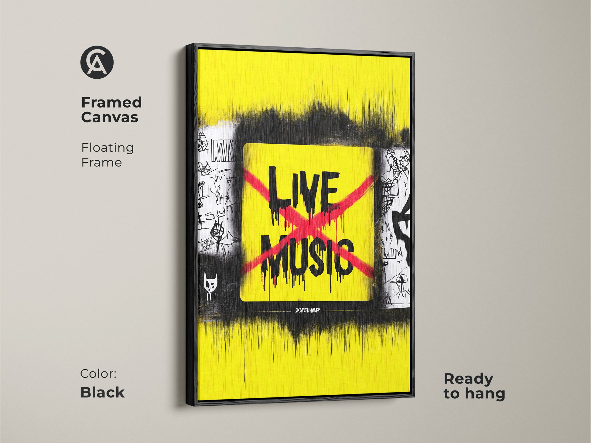 Framed canvas featuring live music art in a black floating frame. This yellow and black urban street art adds an edgy wall decor. It's a graffiti concert poster perfect for modern spaces.