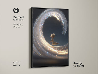 Framed Canvas featuring a child riding a sparkling gold light wave. This floating frame art is ready to hang and adds elegance to your walls. The black frame enhances the dreamy artwork. Perfect for adding a touch of fantasy to bedrooms. A captivating piece for modern homes.