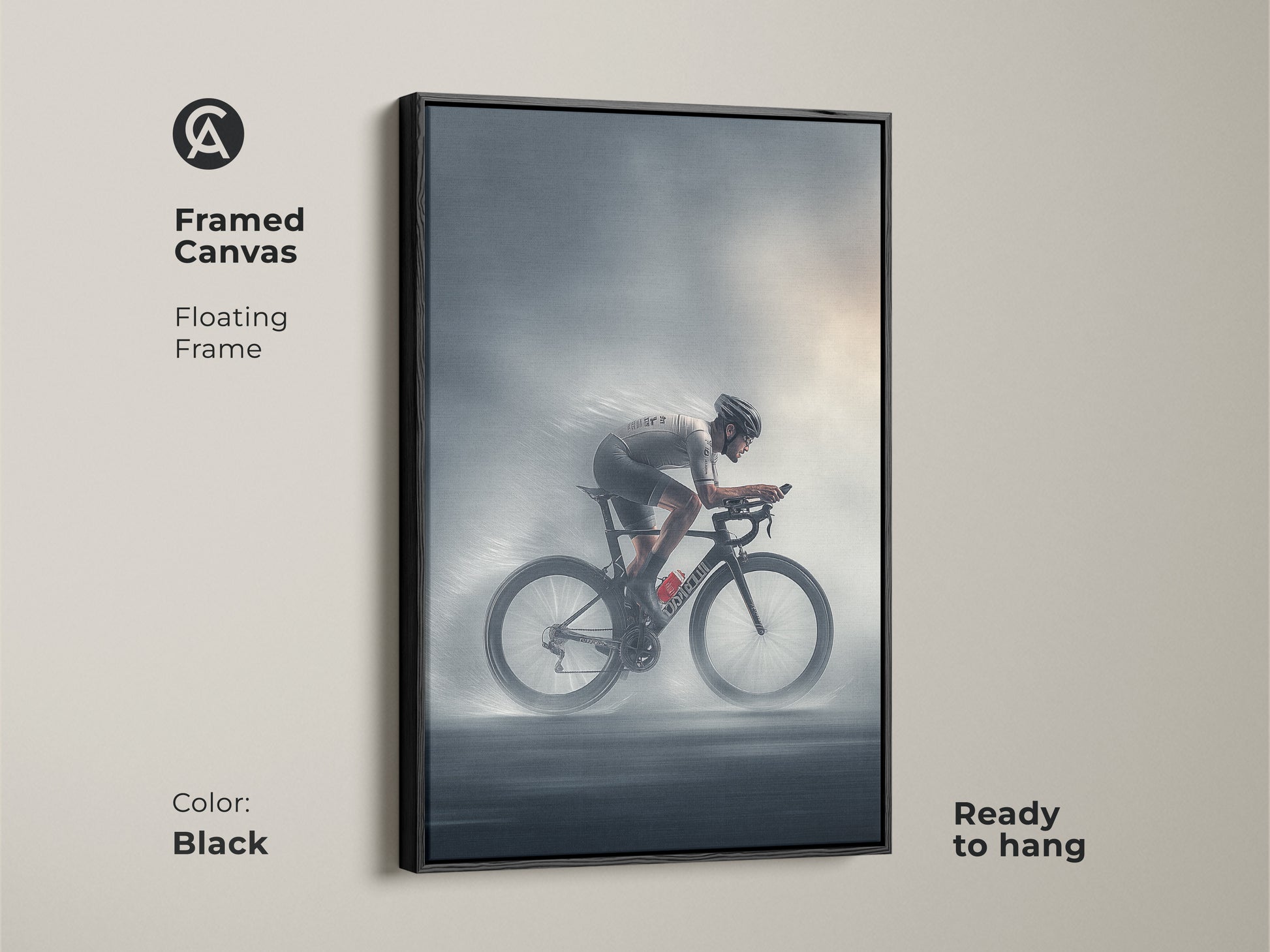 Framed canvas featuring a road cyclist in motion with a floating frame. The black frame enhances the charcoal silver artwork. Ready to hang this modern sports canvas is perfect for office wall art or athletic home decor. A great gift for cyclists or triathlon enthusiasts.