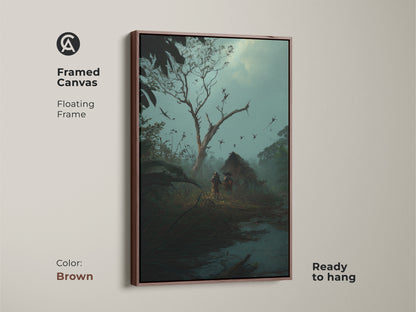 Framed canvas showcasing tribal figures approaching a thatched hut. This dark fantasy art print features a brown floating frame. The misty blue teal artwork adds an eclectic touch to any space. Adventure landscape is ready to hang. Great for study room decor.