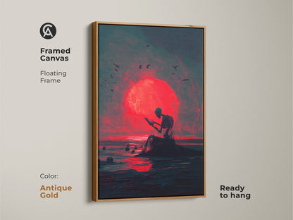 Framed canvas art print featuring a skeleton reading in front of a red moon. The frame is an antique gold floating frame. The art style is dark and surreal. This framed canvas is ready to hang.