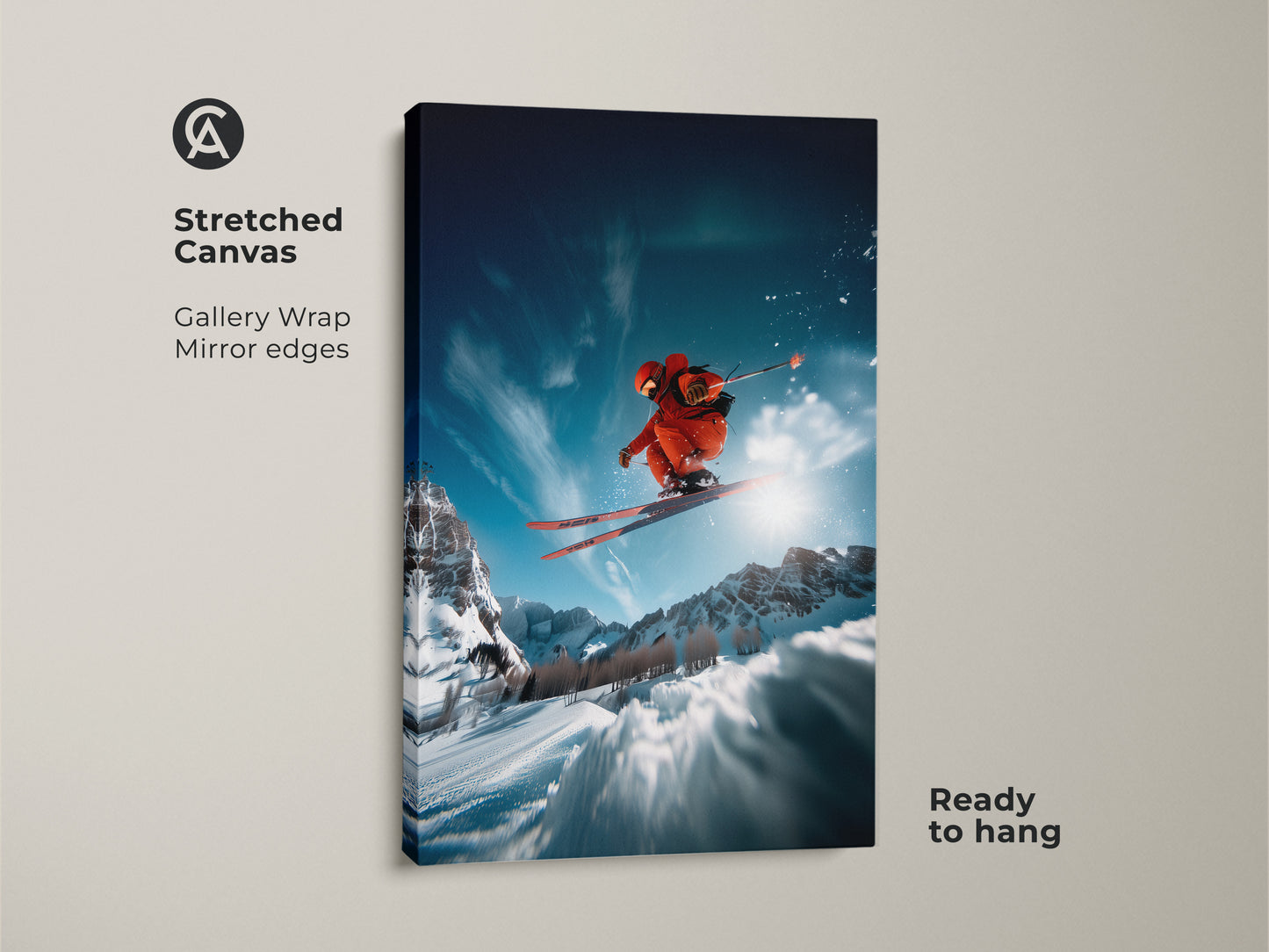 Stretched canvas art shows a skier performing a jump. The gallery wrap has mirrored edges for a clean look. The vivid colors and dynamic composition make a statement. Ready to hang and transform any room with this stunning piece of sports art.