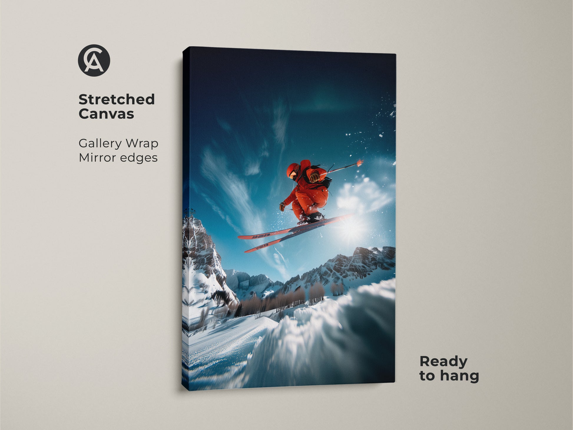 Stretched canvas art shows a skier performing a jump. The gallery wrap has mirrored edges for a clean look. The vivid colors and dynamic composition make a statement. Ready to hang and transform any room with this stunning piece of sports art.