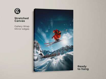 Stretched canvas art shows a skier performing a jump. The gallery wrap has mirrored edges for a clean look. The vivid colors and dynamic composition make a statement. Ready to hang and transform any room with this stunning piece of sports art.