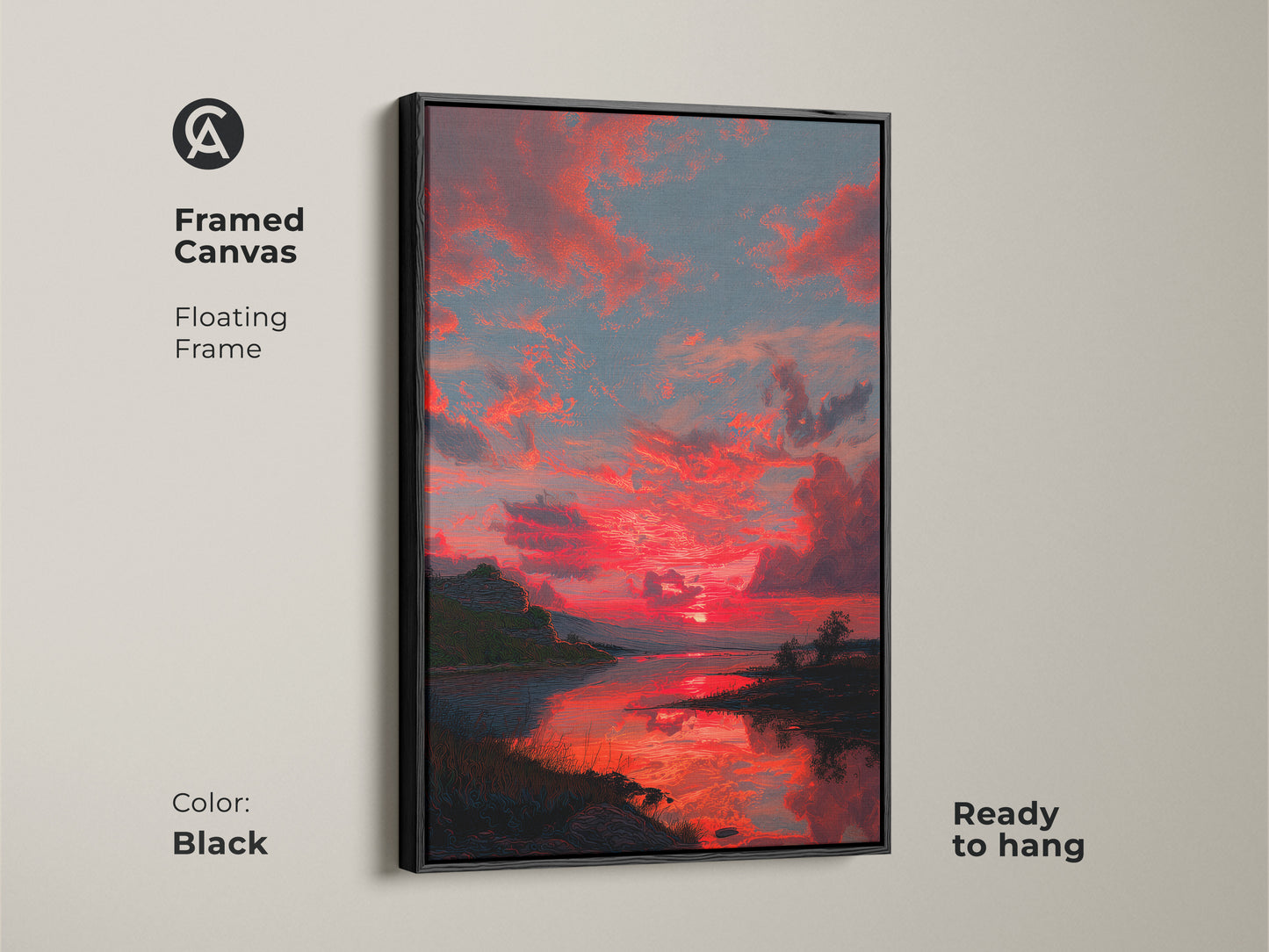 Enhance your home with this framed Crimson Sunset canvas art. The floating frame adds a touch of sophistication to this contemporary nature wall decor. The black frame complements the red sky landscape print beautifully. Ready to hang this dramatic sunset artwork is perfect for any room. A great housewarming gift.