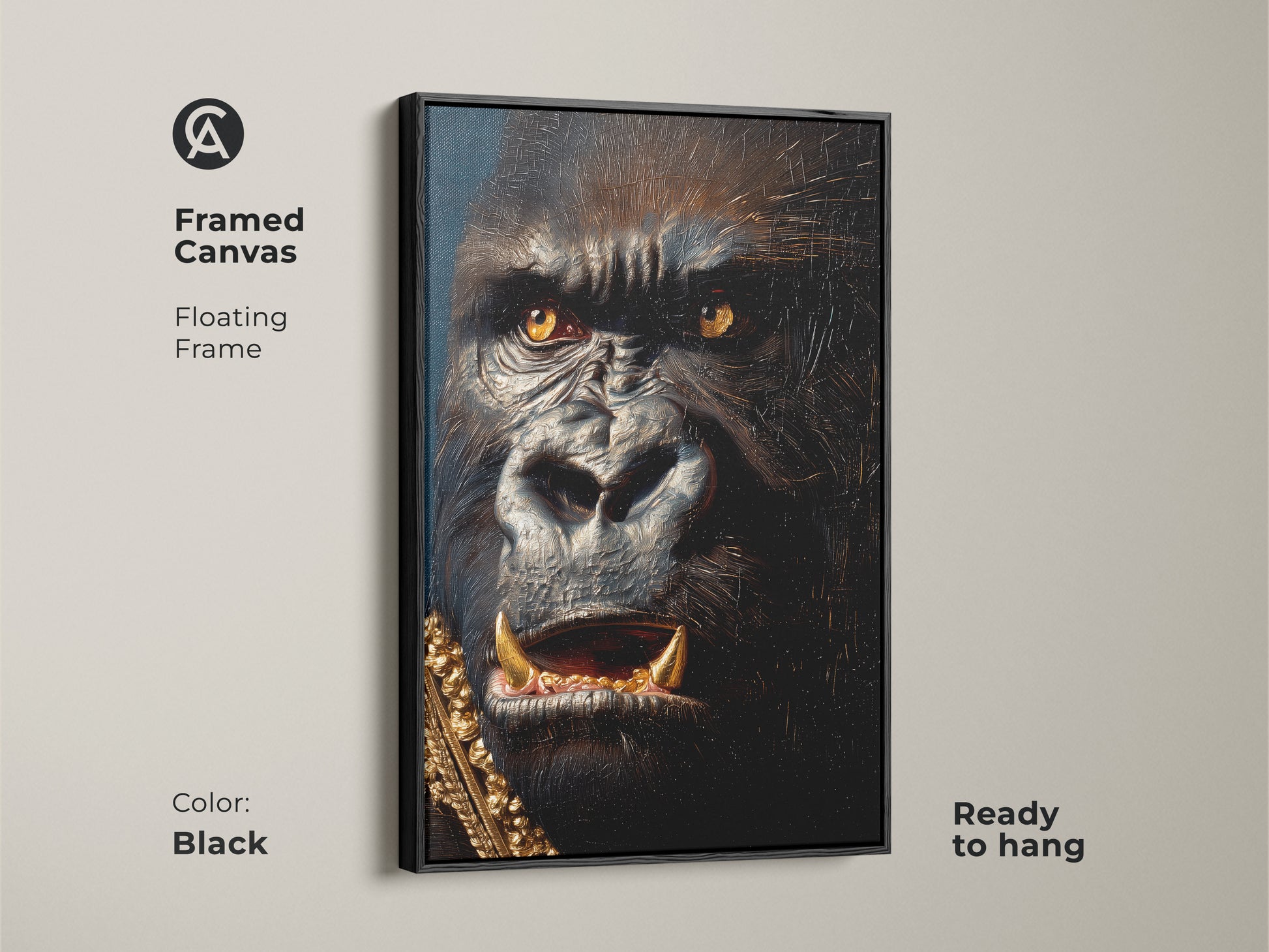 Framed canvas featuring a regal gorilla in a floating frame. The artwork adds sophistication to your space. The black frame enhances the gorilla's striking features. This canvas is ready to hang. Add a touch of elegance with this gorilla art.