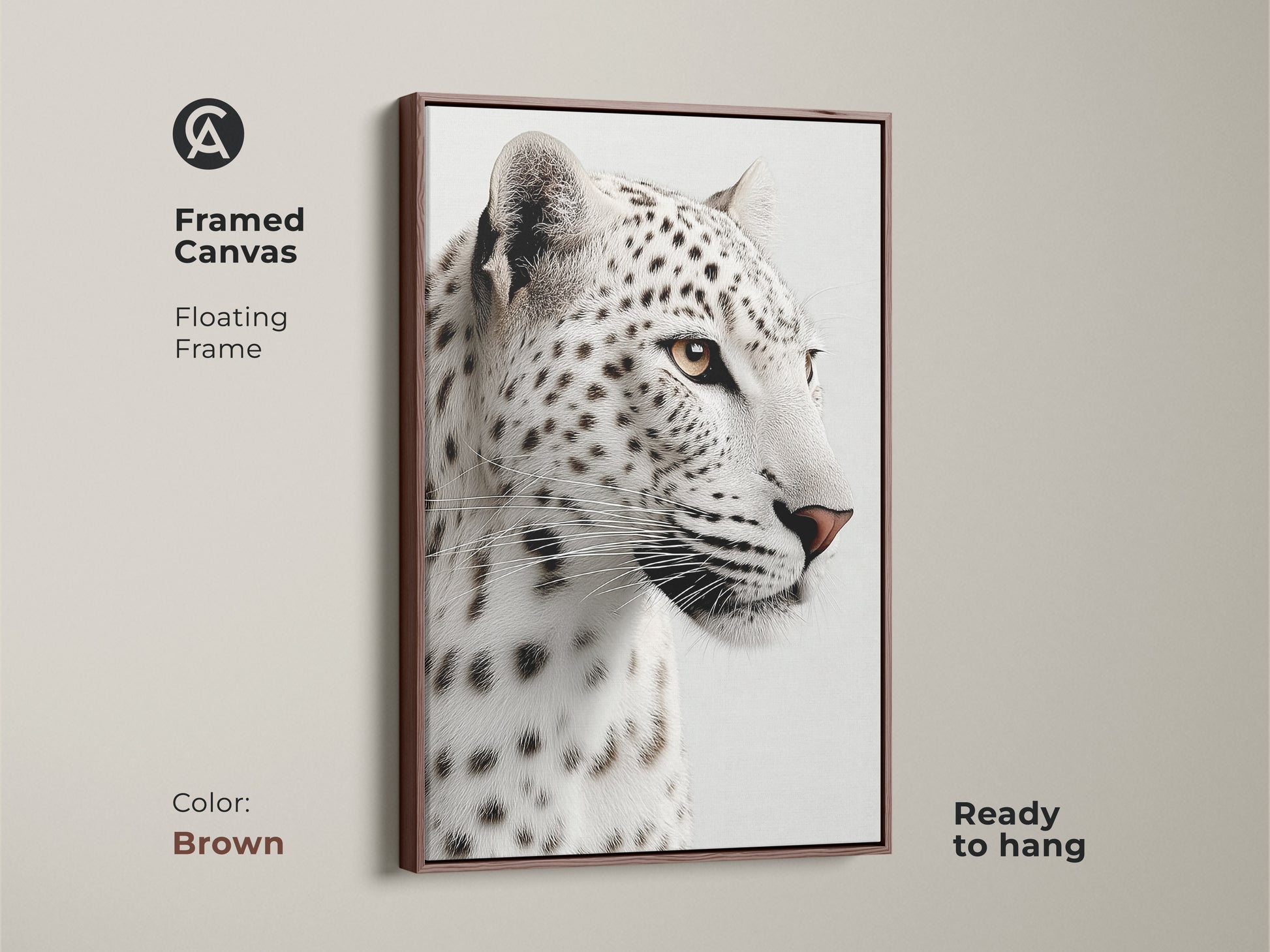 A framed canvas in brown showcases a realistic monochrome snow leopard face. This piece is ready to hang as a sophisticated addition to any space. A great wildlife art for animal lovers.
