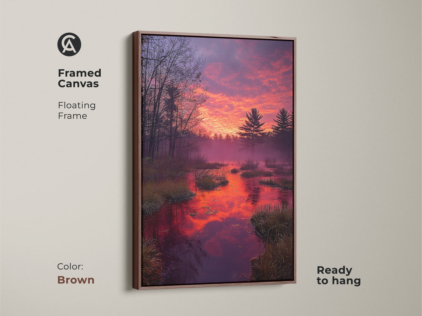 Framed canvas showcasing a forest sunset. Rustic nature artwork featuring an orange and purple sky. Pine trees are reflected in the water. The floating frame is brown and ready to hang. This landscape painting print brings a red and gold sunset into your living room. A serene water reflection adds tranquility.