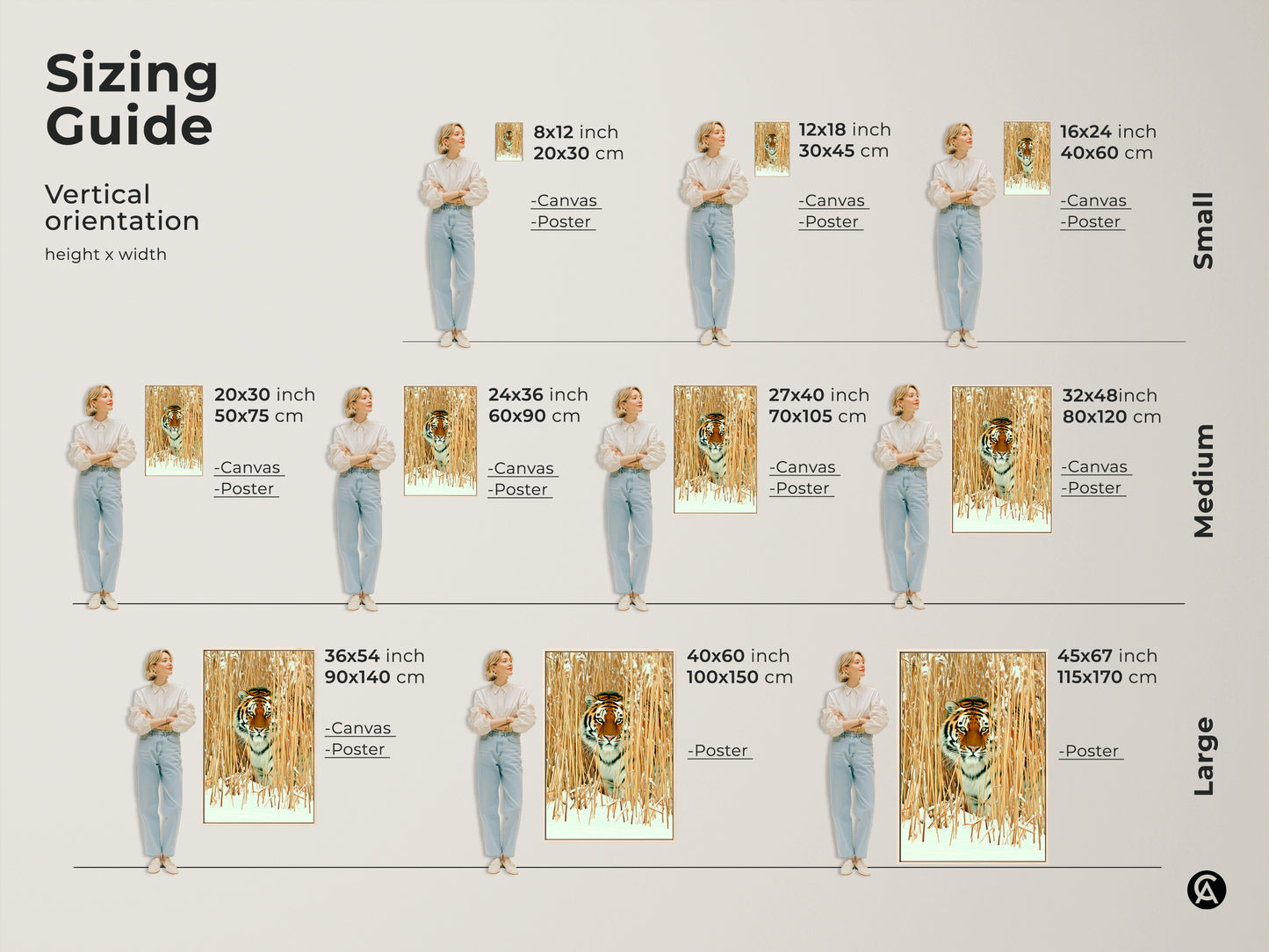 Sizing guide for wildlife canvas and poster prints. This chart shows vertical orientation options for the tiger in winter reeds art. Sizes range from small medium and large. Find the perfect fit for your rustic nature inspired decor in different dimensions.