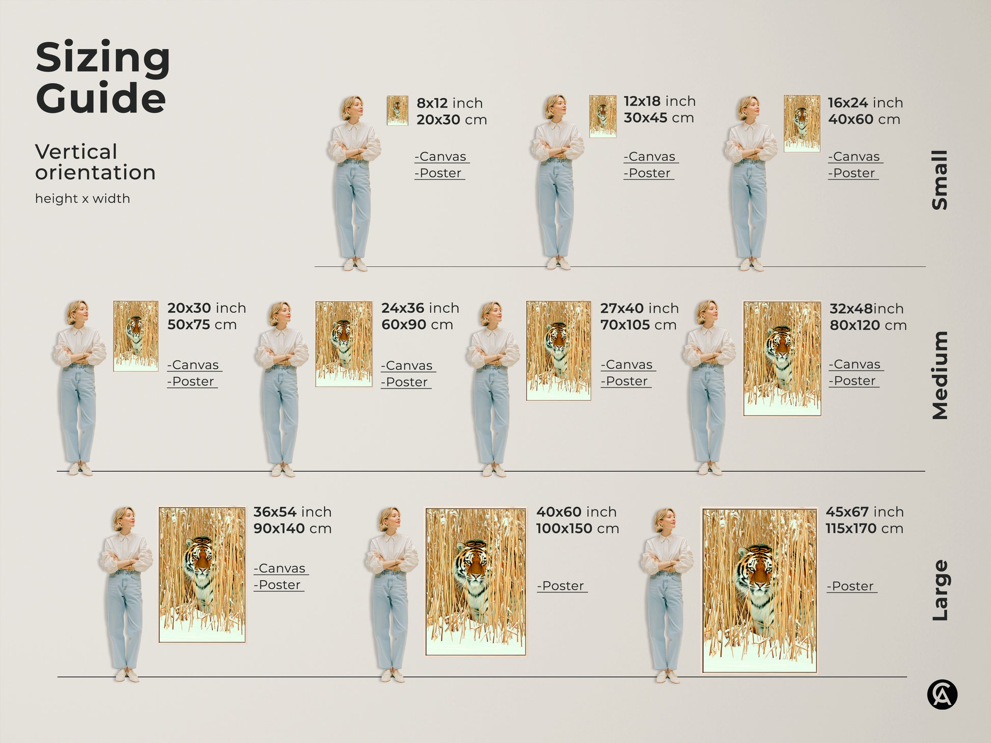 Sizing guide for wildlife canvas and poster prints. This chart shows vertical orientation options for the tiger in winter reeds art. Sizes range from small medium and large. Find the perfect fit for your rustic nature inspired decor in different dimensions.