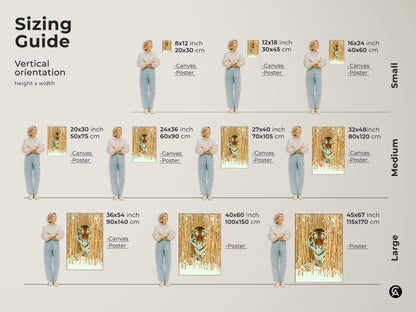 Sizing guide for wildlife canvas and poster prints. This chart shows vertical orientation options for the tiger in winter reeds art. Sizes range from small medium and large. Find the perfect fit for your rustic nature inspired decor in different dimensions.