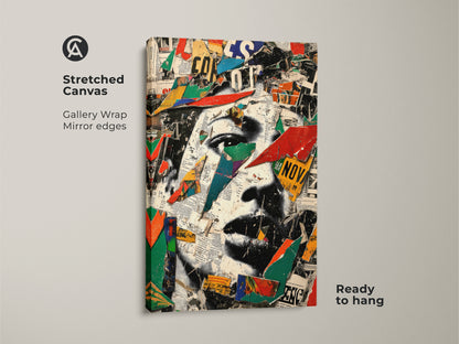 Stretched canvas of an urban collage face art print. Abstract portrait wall art with mixed media elements. The red blue and green colors create a vivid eclectic home decor print. A modern artwork ready to hang.