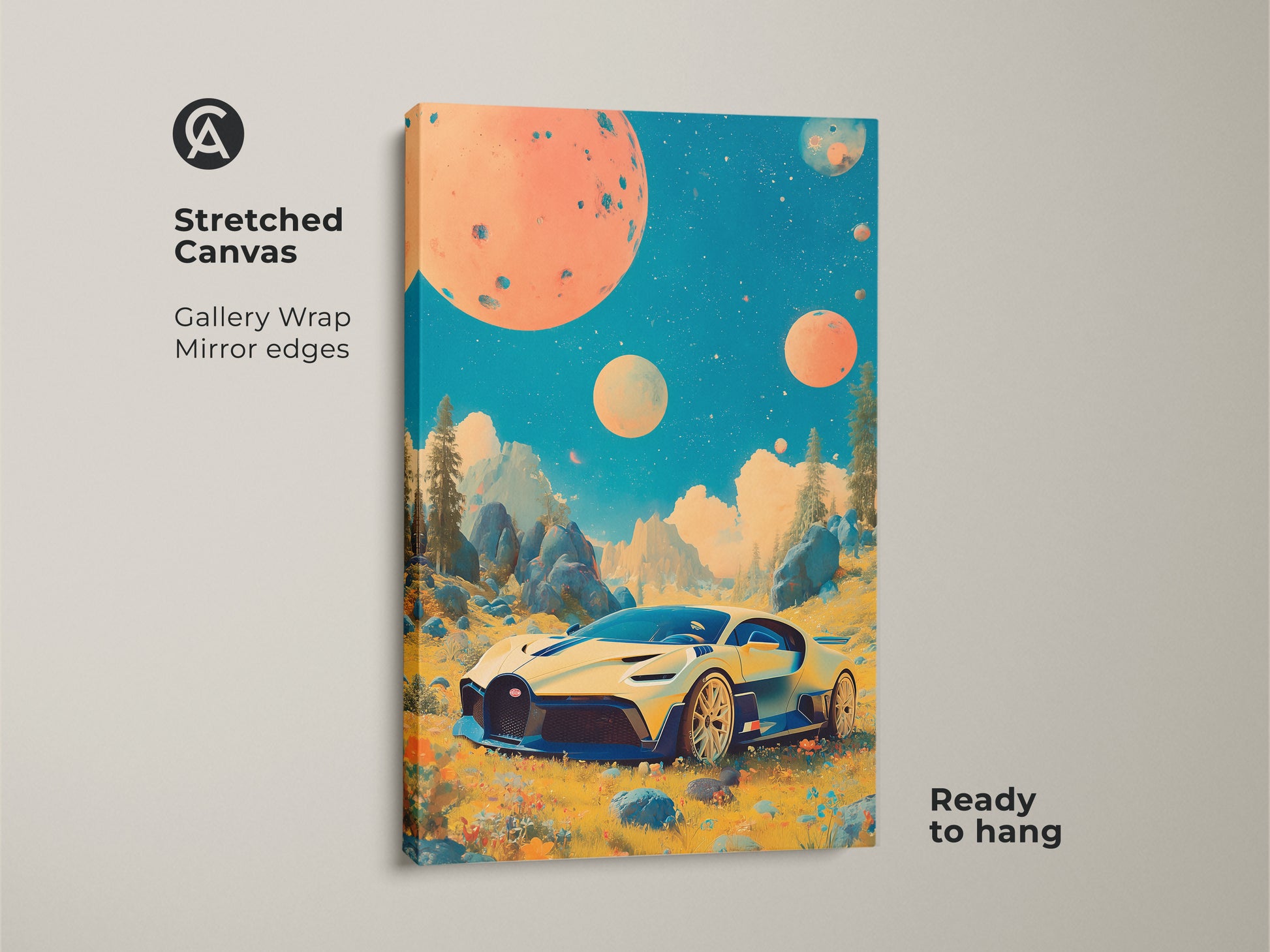 This stretched canvas artwork blends retrofuturism with a sci fi car theme. The teal orange yellow palette and surreal planet landscape create a captivating visual. It's ready to hang perfect for adding unique automotive art to your home.