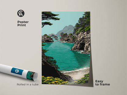 Poster print of a teal ocean landscape art. The coastal rocky cliffs and beach scene are rolled in a tube for easy framing. This nature artwork is travel-inspired wall art. The aqua coastline artwork adds a minimalist coastal touch. The print is perfect as a gift for him or her.