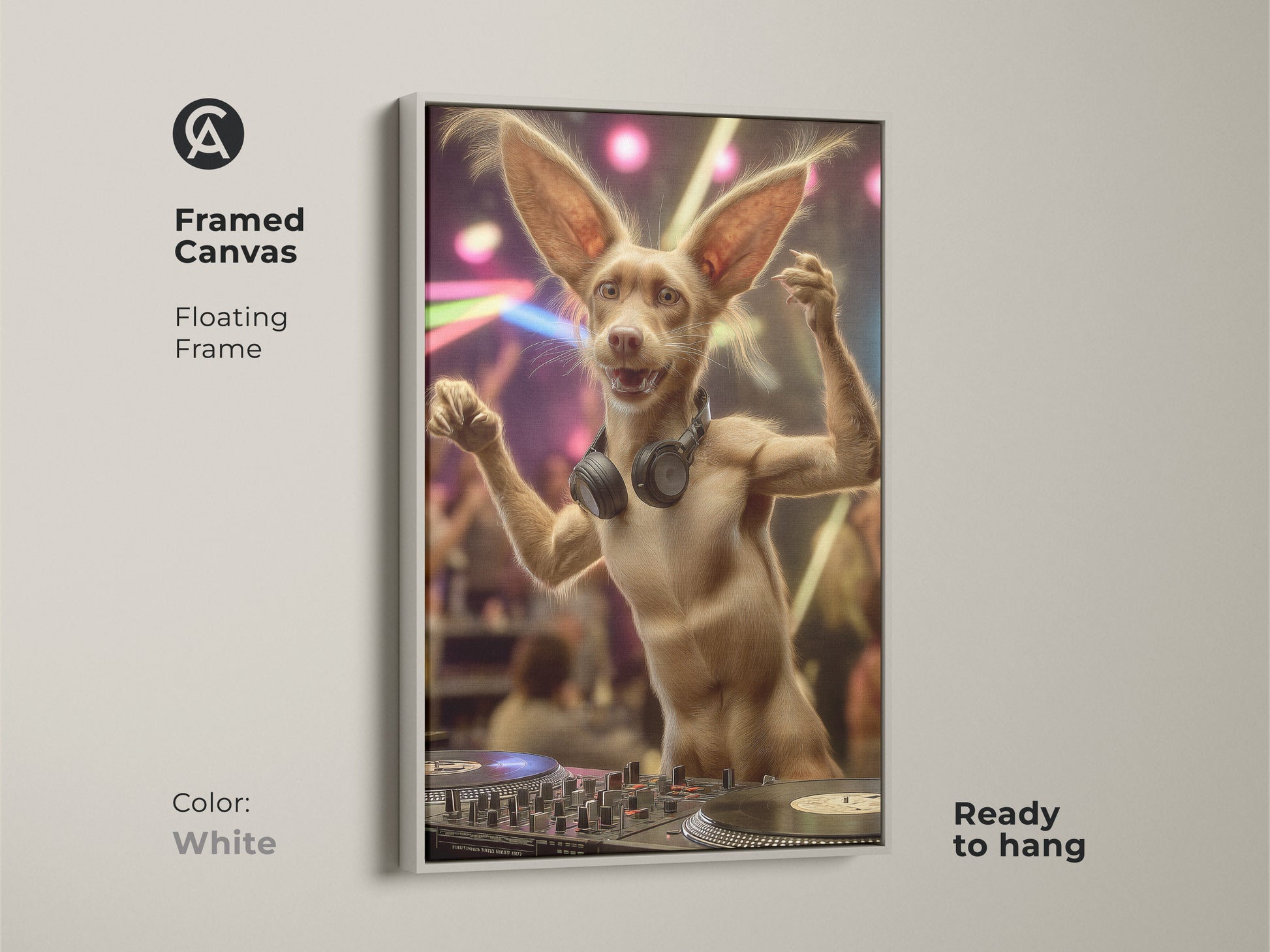 A framed canvas of a funny DJ dog art with floating frame in White. This eclectic animal wall art is perfect gift for dog and music lovers. It is ready to hang on any entertainment room or home bar.