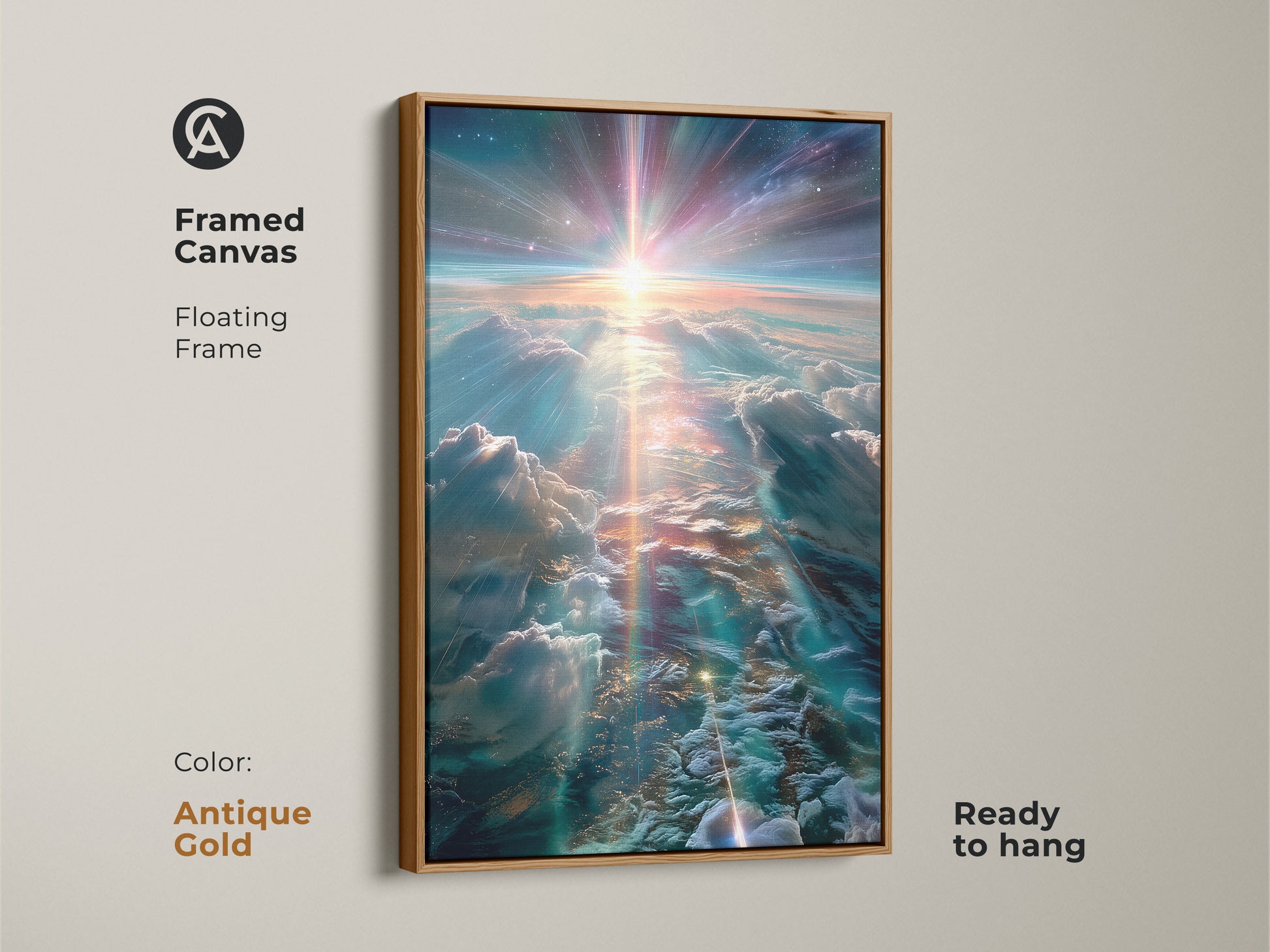 Framed canvas artwork of a cosmic sky with clouds. The antique gold floating frame enhances the art's elegance. This ready-to-hang canvas adds a touch of luxury. Perfect for adding warmth to your decor.