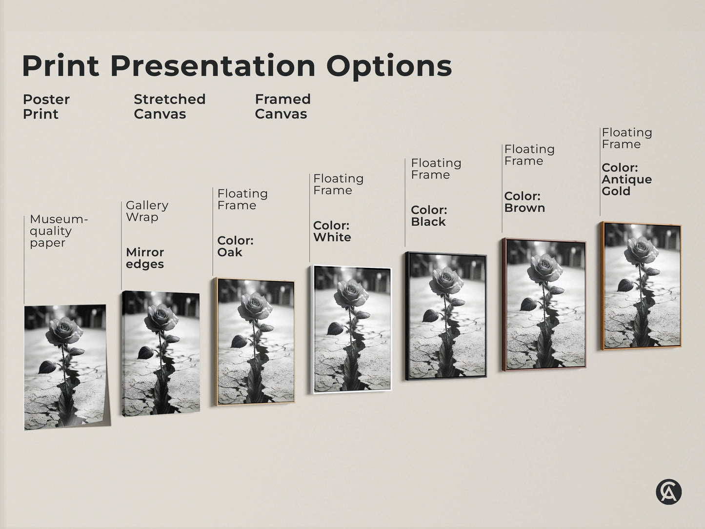 Print presentation options for monochrome rose art. Poster print stretched canvas and framed canvas choices. Each features a rose blooming from cracked ground. A symbolic nature print perfect for contemporary bedroom art. Ideal as a housewarming gift or for adding modern surrealist decor.