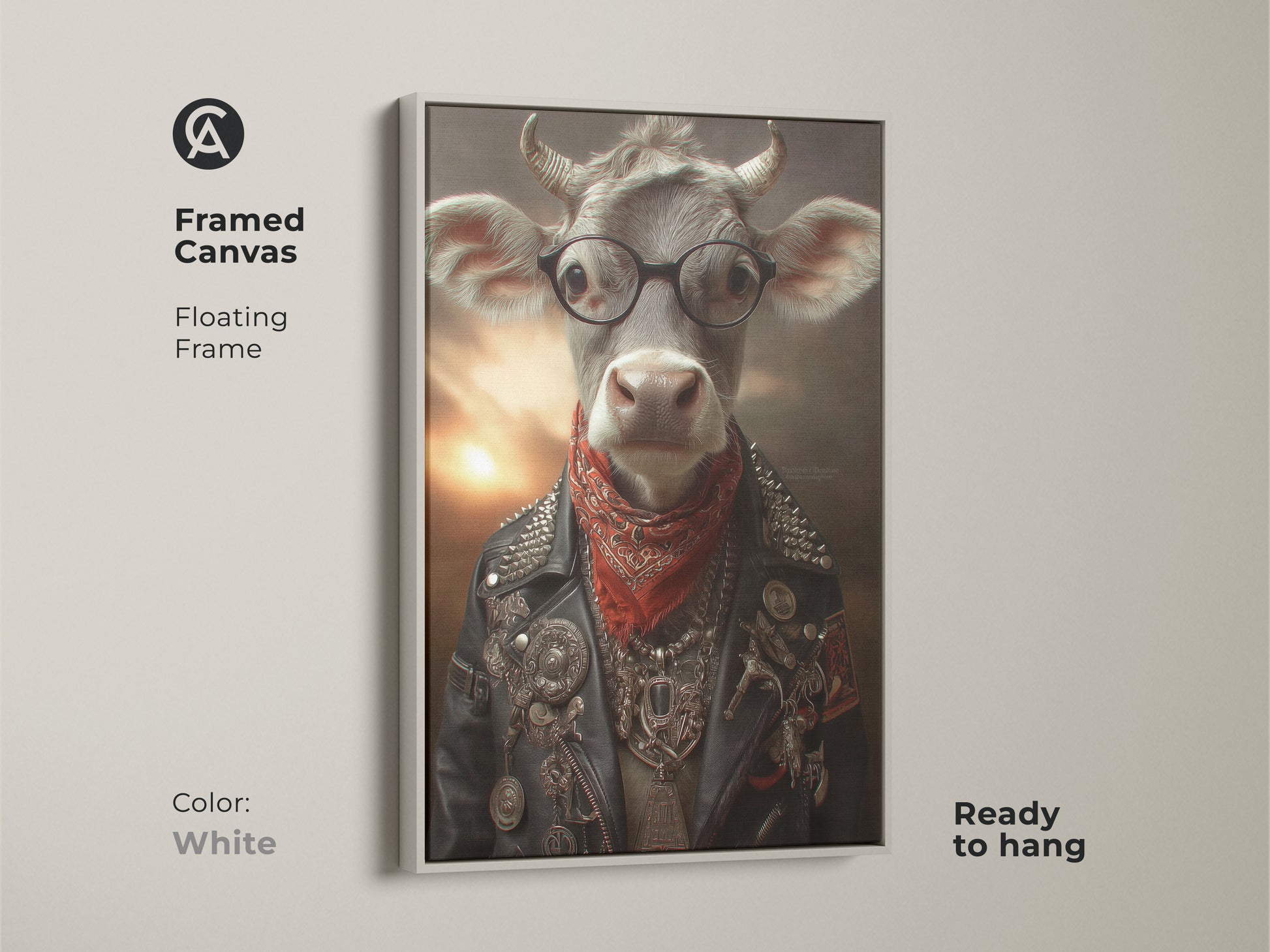 White Framed Canvas Rockstar Animal Portrait. This framed canvas shows a rockstar cow portrait print with a white floating frame. This humorous animal decor is ready to hang.