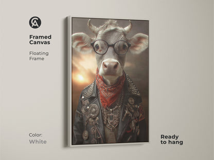 White Framed Canvas Rockstar Animal Portrait. This framed canvas shows a rockstar cow portrait print with a white floating frame. This humorous animal decor is ready to hang.