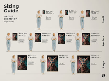This is a sizing guide for the Punk Kangaroo art. Sizes range from small to large in vertical orientation. The artwork is available as a canvas or poster in various dimensions. It showcases the unique animal portrait of a kangaroo in a leather jacket and sunglasses. This piece would be perfect as cool gift for him or for unique home decor.
