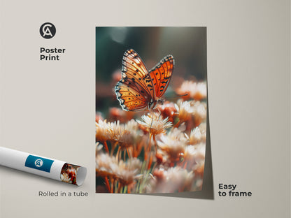 Easy-to-frame poster print featuring an orange butterfly. A macro flower art print with rich detail. This nature insect wall decor is perfect for any room. Rolled in a tube for safe delivery and convenient framing.