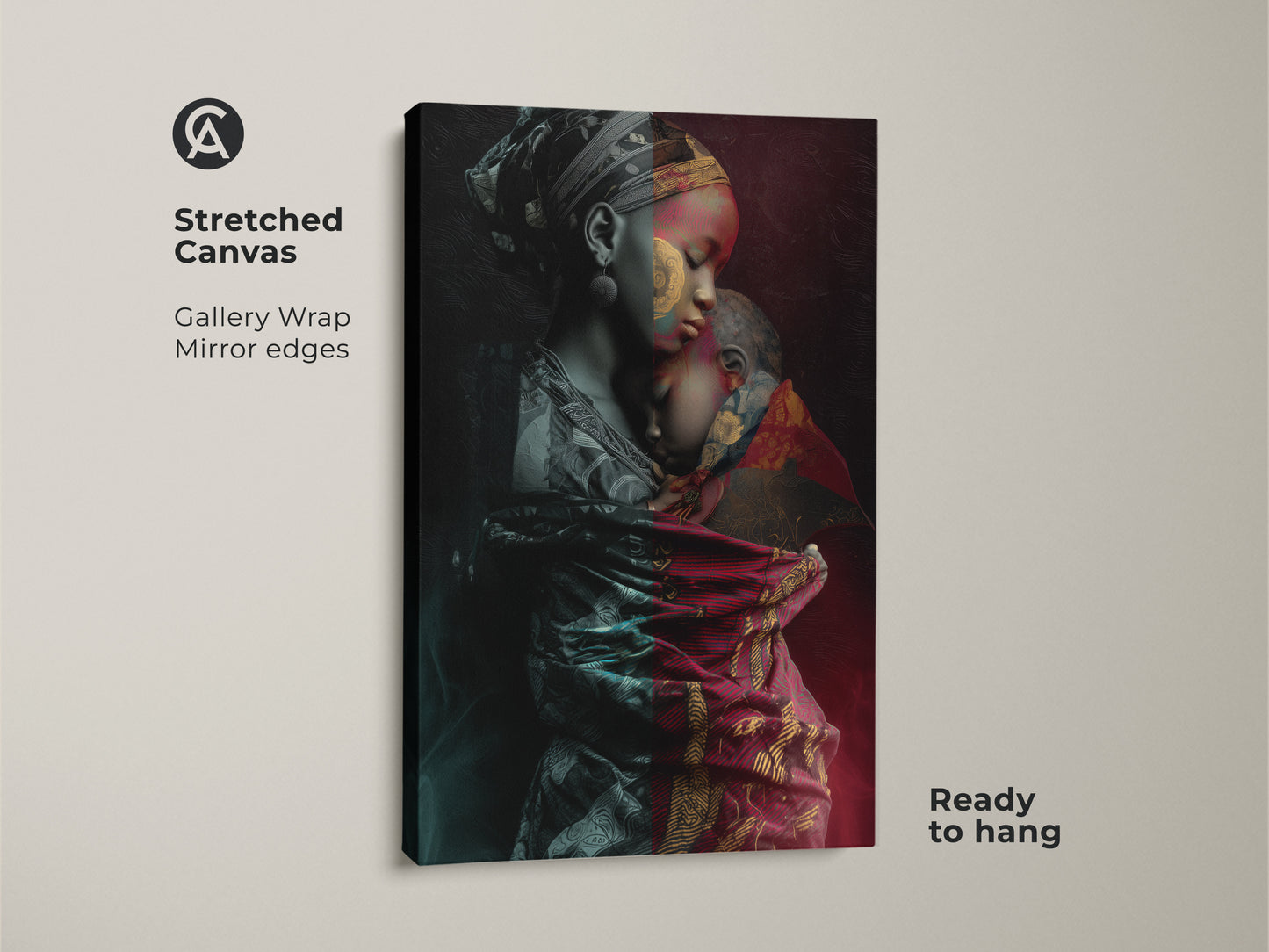This stretched canvas features an African mother and child in tribal fusion style. Gallery wrapped with mirrored edges it's ready to hang. The artwork blends contemporary art with cultural elements. The red gold and teal color palette adds warmth. Ideal for eclectic home decor.
