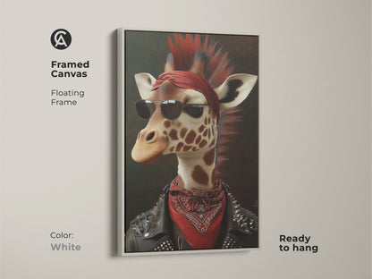 White framed canvas art featuring a retro punk giraffe. The rocker style animal portrait includes sunglasses and a bandana with a floating frame. Ready to hang. A unique animal theme wall art piece.