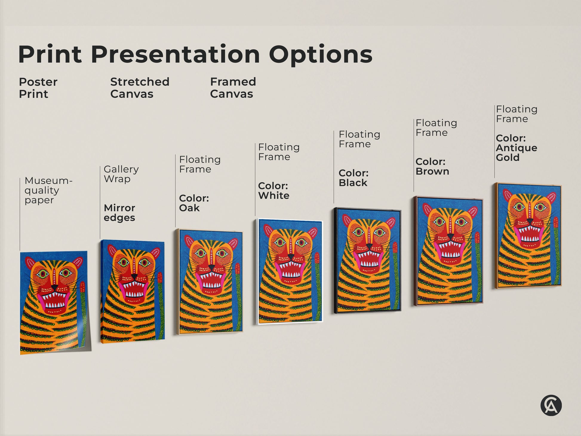 Explore print presentation options with this vibrant folk art tiger. See the poster print stretched canvas and framed canvas. Each features museum-quality paper gallery wrap and floating frame options. Choose the perfect style for your home decor needs.