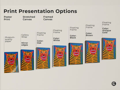 Explore print presentation options with this vibrant folk art tiger. See the poster print stretched canvas and framed canvas. Each features museum-quality paper gallery wrap and floating frame options. Choose the perfect style for your home decor needs.