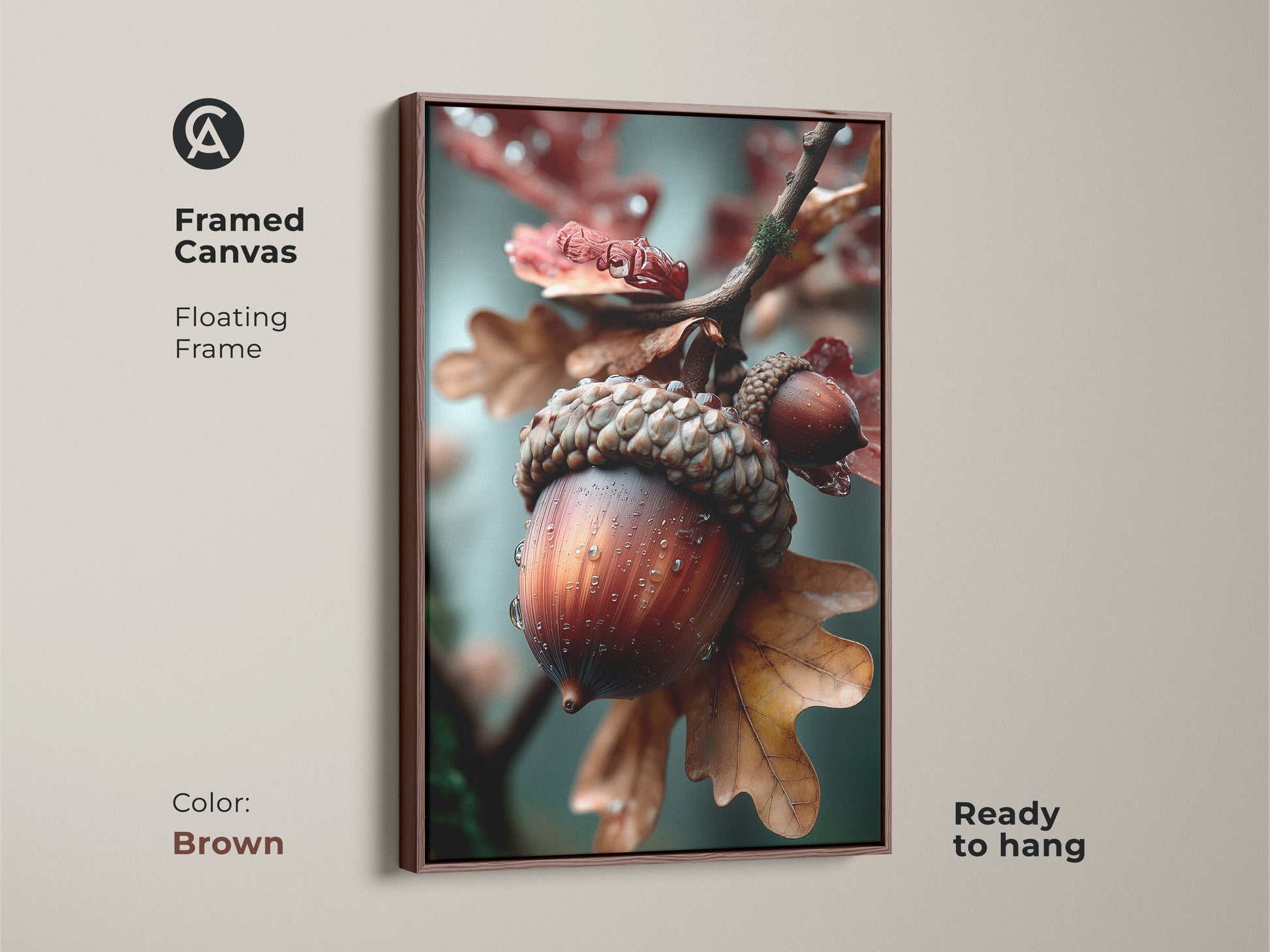 This framed canvas art features an acorn in a brown floating frame. The warm tones of the frame enhance the natural subject. Ready to hang this artwork adds elegance to any space. The detailed acorn art is a timeless piece.