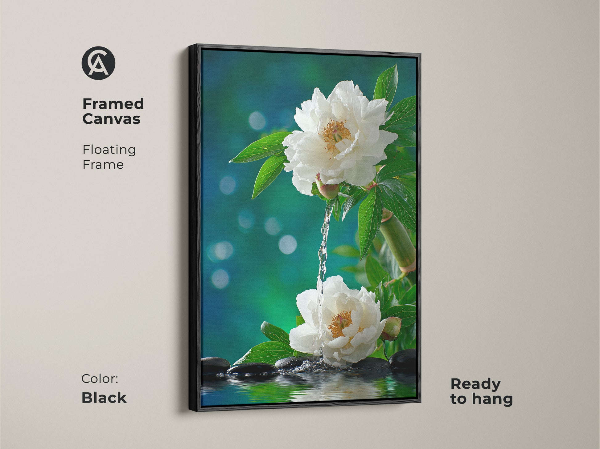 Black framed canvas art featuring white peonies and water. This zen inspired artwork is ready to hang. The black floating frame adds a modern touch. Enhance your living space with this calming floral print.