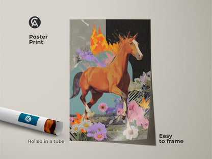 This poster print features a surreal horse artwork with floral elements. It is an eclectic collage art piece with orange brown and teal tones. Rolled in a tube it is easy to frame. The floral horse artwork is a unique wall hanging. Perfect abstract floral art for living room or bedroom.