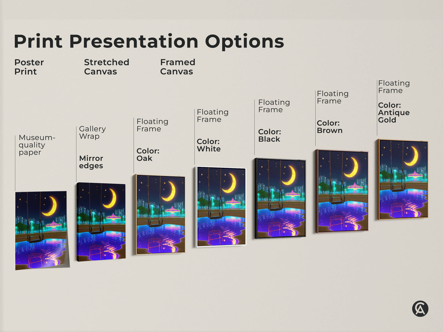 Explore print presentation options for surreal moon carousel artwork. Choose from poster prints stretched canvas and framed canvas options. Find the perfect medium to showcase this vaporwave nightscape a unique gift for anime fans. The blue yellow and purple art will enhance any room.